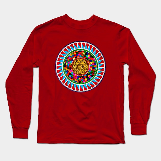 Handmade multicolored mandala pattern art Long Sleeve T-Shirt by Mitadoodleart